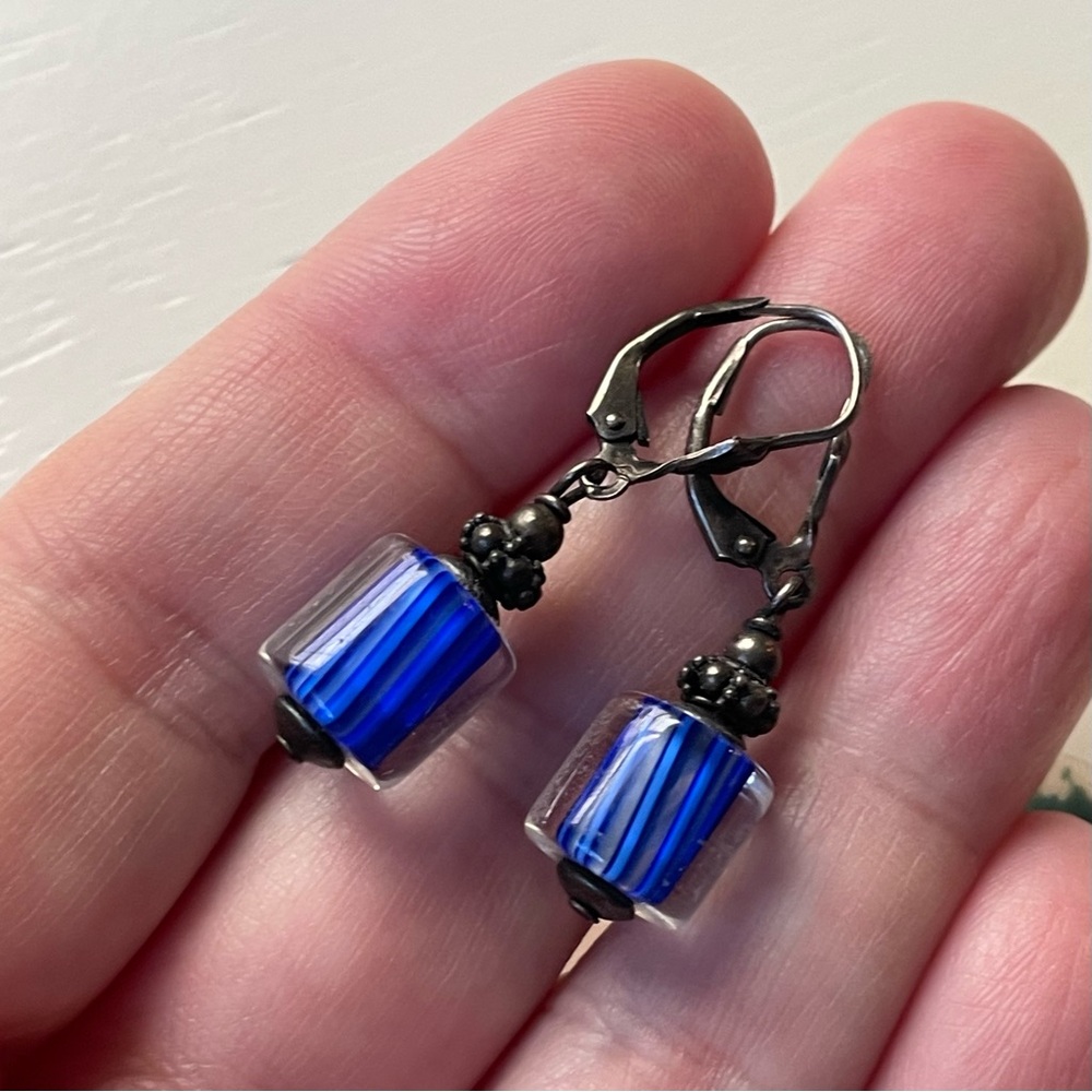 Vtg stamped 925 sterling silver sommerso art glass blue swirl leverback earrings